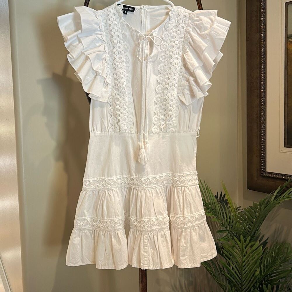 Darling White Crochet Trim Ruffled Dress - Picture 2 of 7